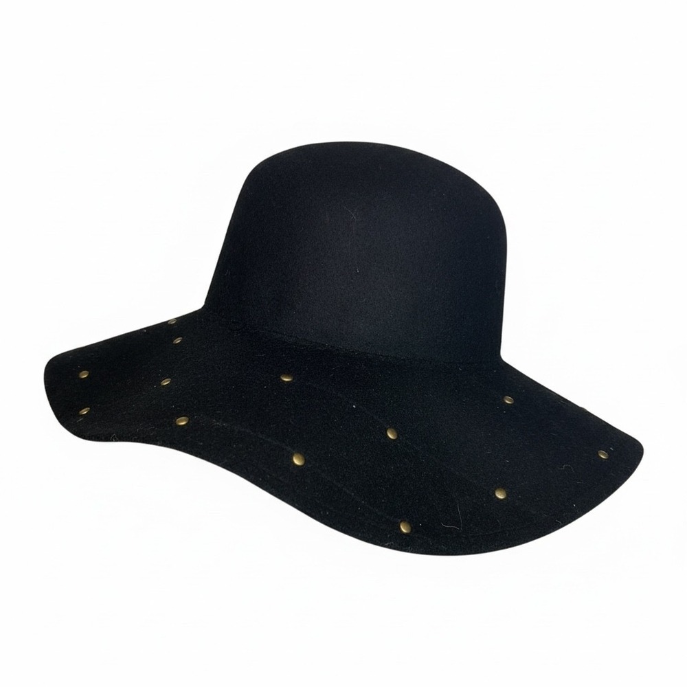 Curations Black Wool Wide Brim Floppy Hat Gold Studded Embellished Boho Fedora